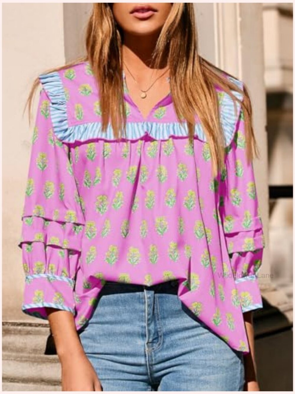 Floral Babydoll Blouse Puff Sleeve Peplum Top V Neck Boho Cute Blouse - Picture 3 of 7